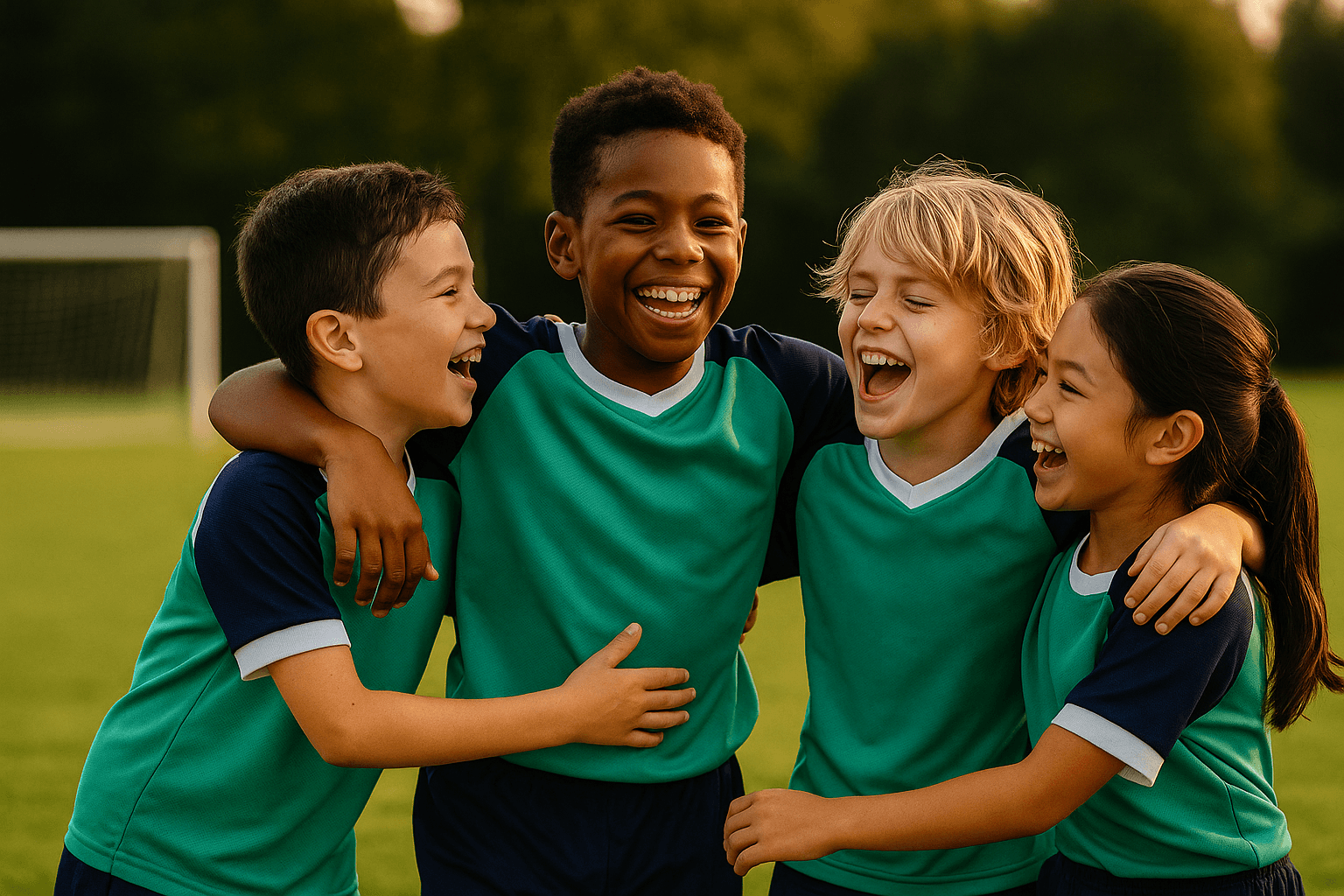 Photo of children celebrating a goal together on sports field