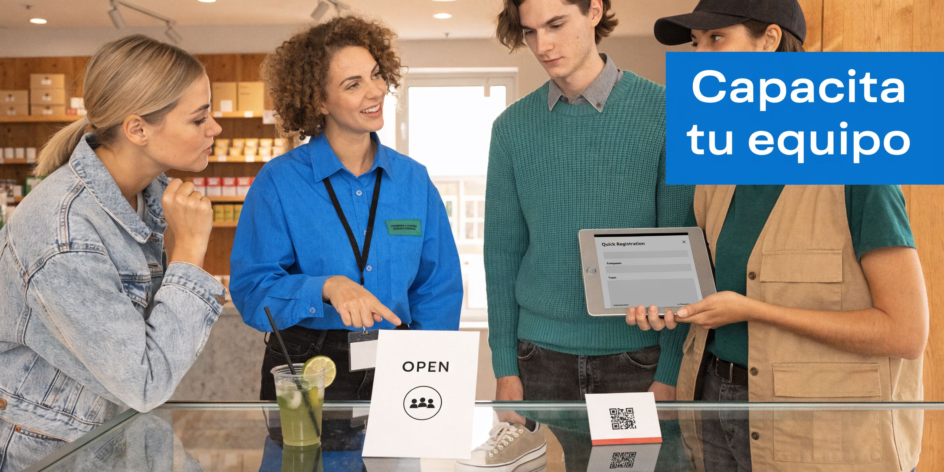 Grupo de empleados en una tienda interactuando con una tablet y señales informativas durante su capacitación profesional.