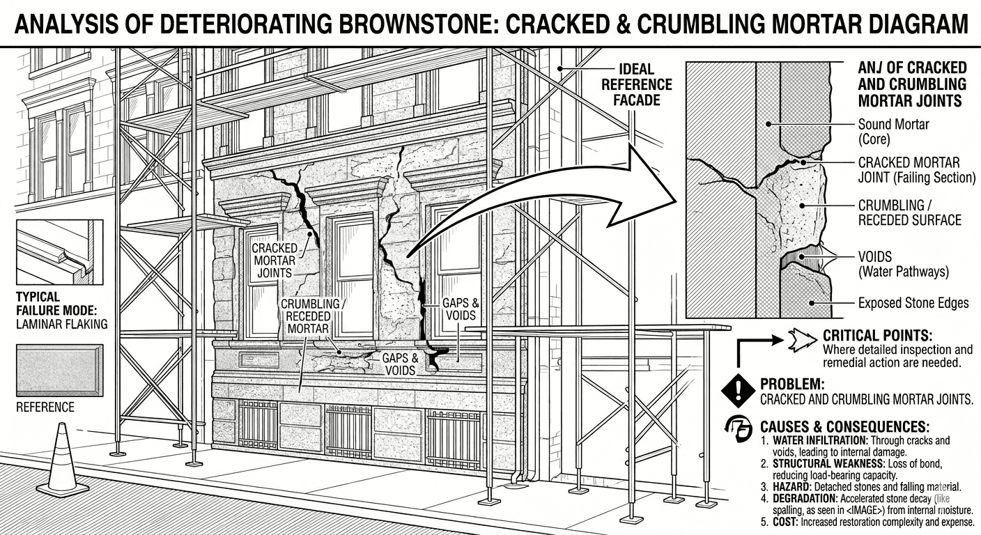 analysis diagram of brownstone cracked 7 crumbling mortar damages on a brownstone facade