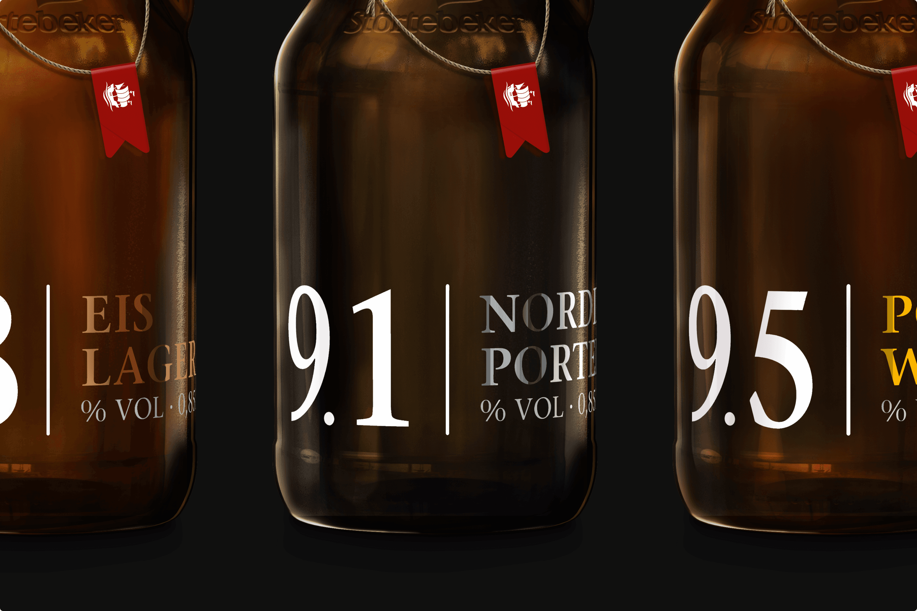 Three beer bottles with labels and red tags.