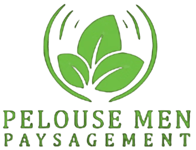 Logo officiel de Pelouse Men Paysagement avec feuille verte et typographie moderne.
