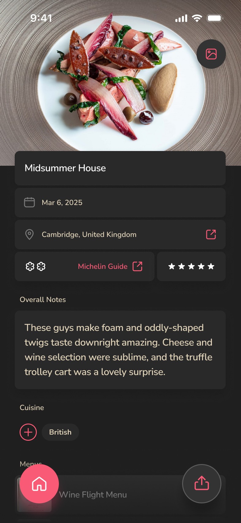 Meal screen in dark mode.