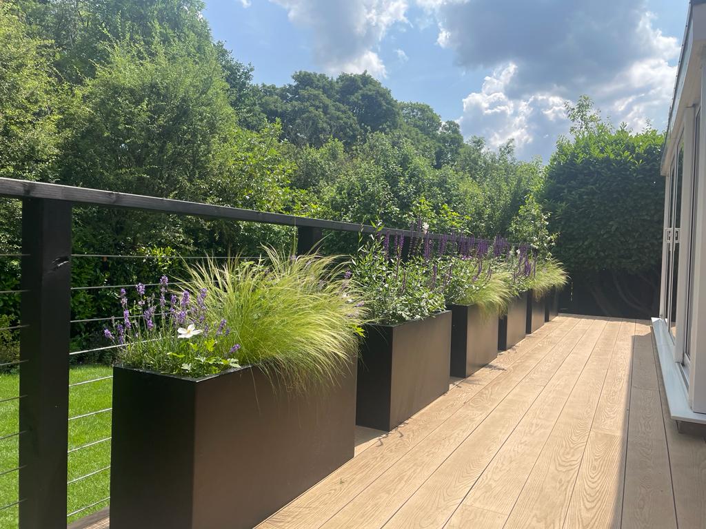A deck with planters filled with green grass, surrounded by lush trees under a sunny sky.