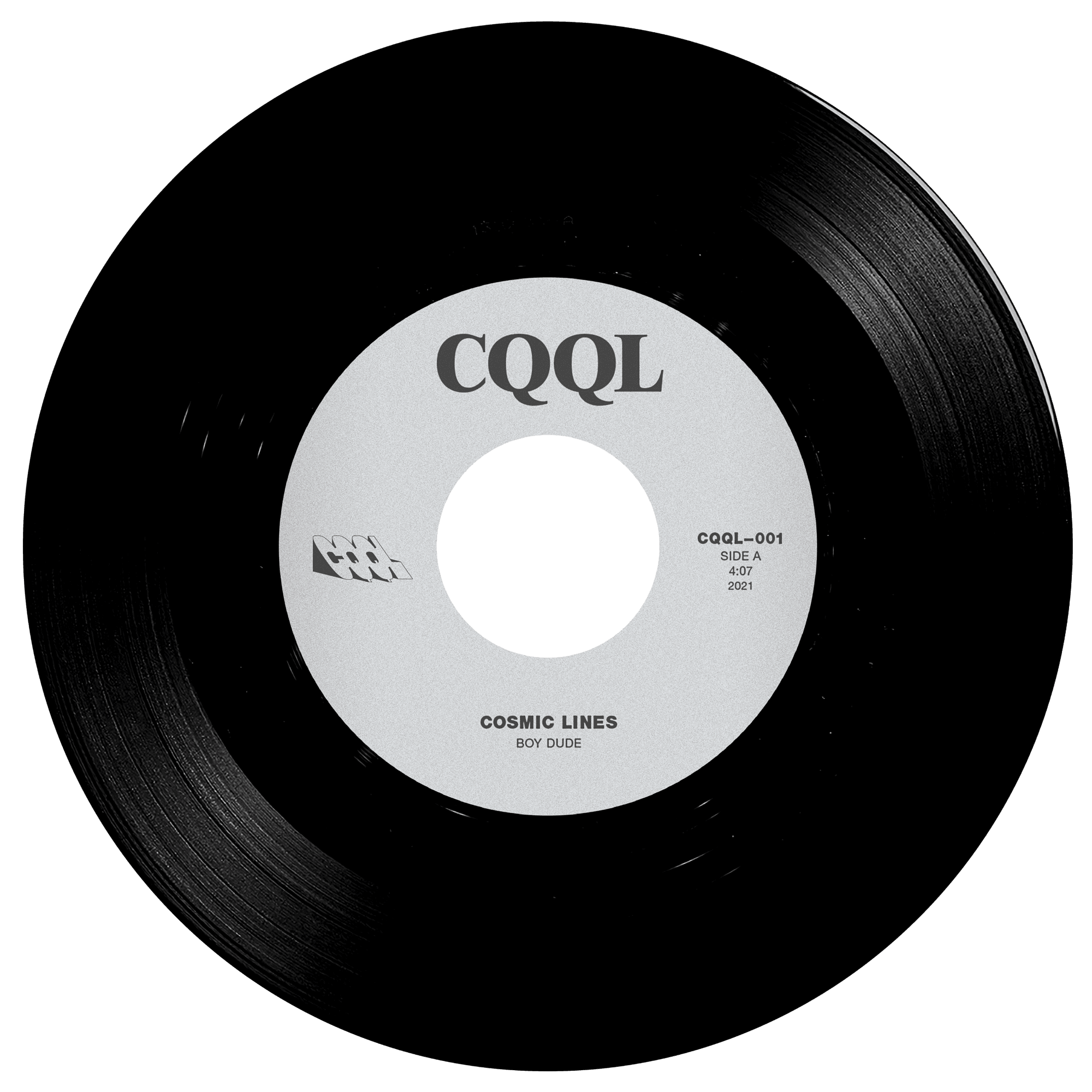 Black vinyl record with a white label featuring 'CQQL' on a white background