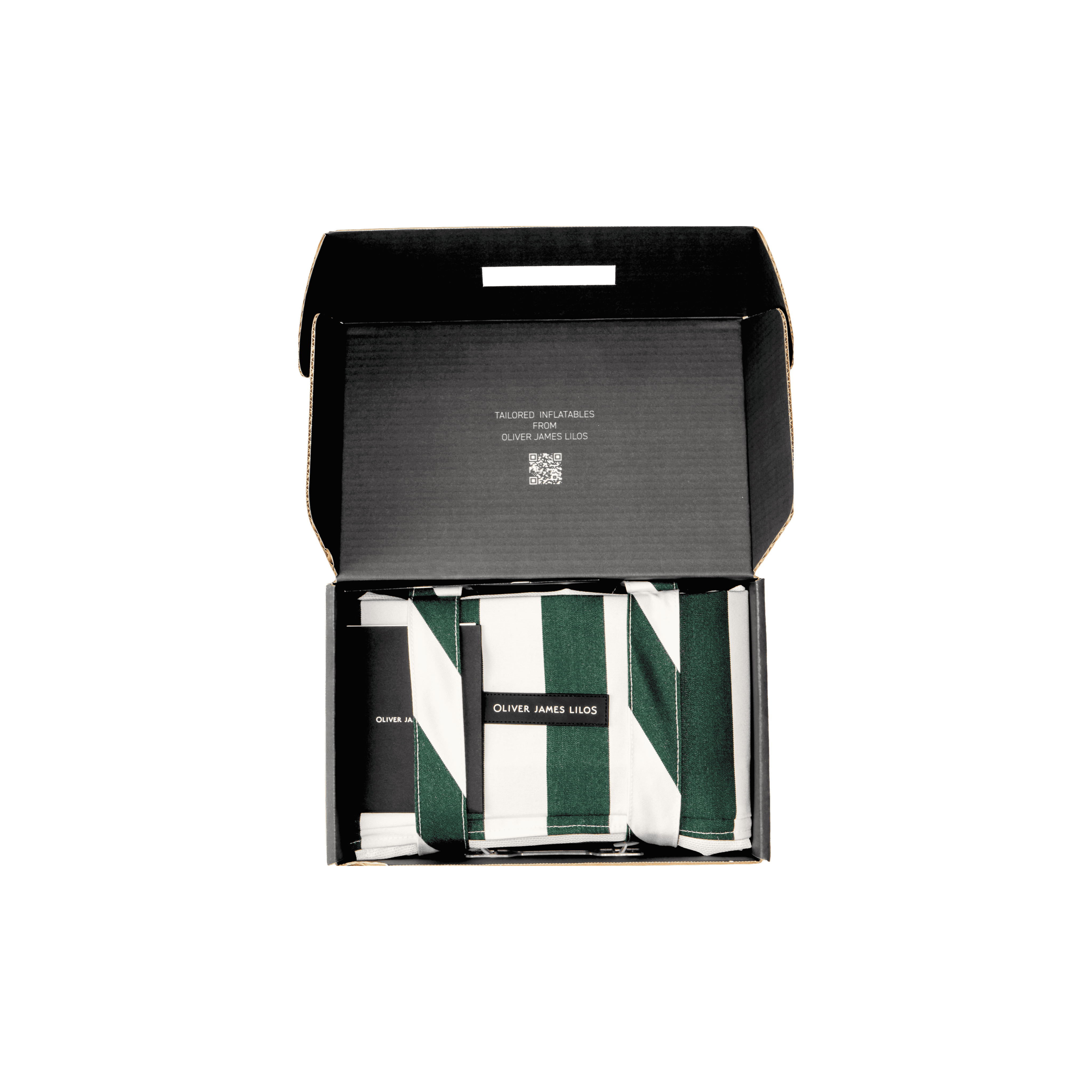 Green-and-white striped lilo folded in its structured black travel case with branded label and securing straps