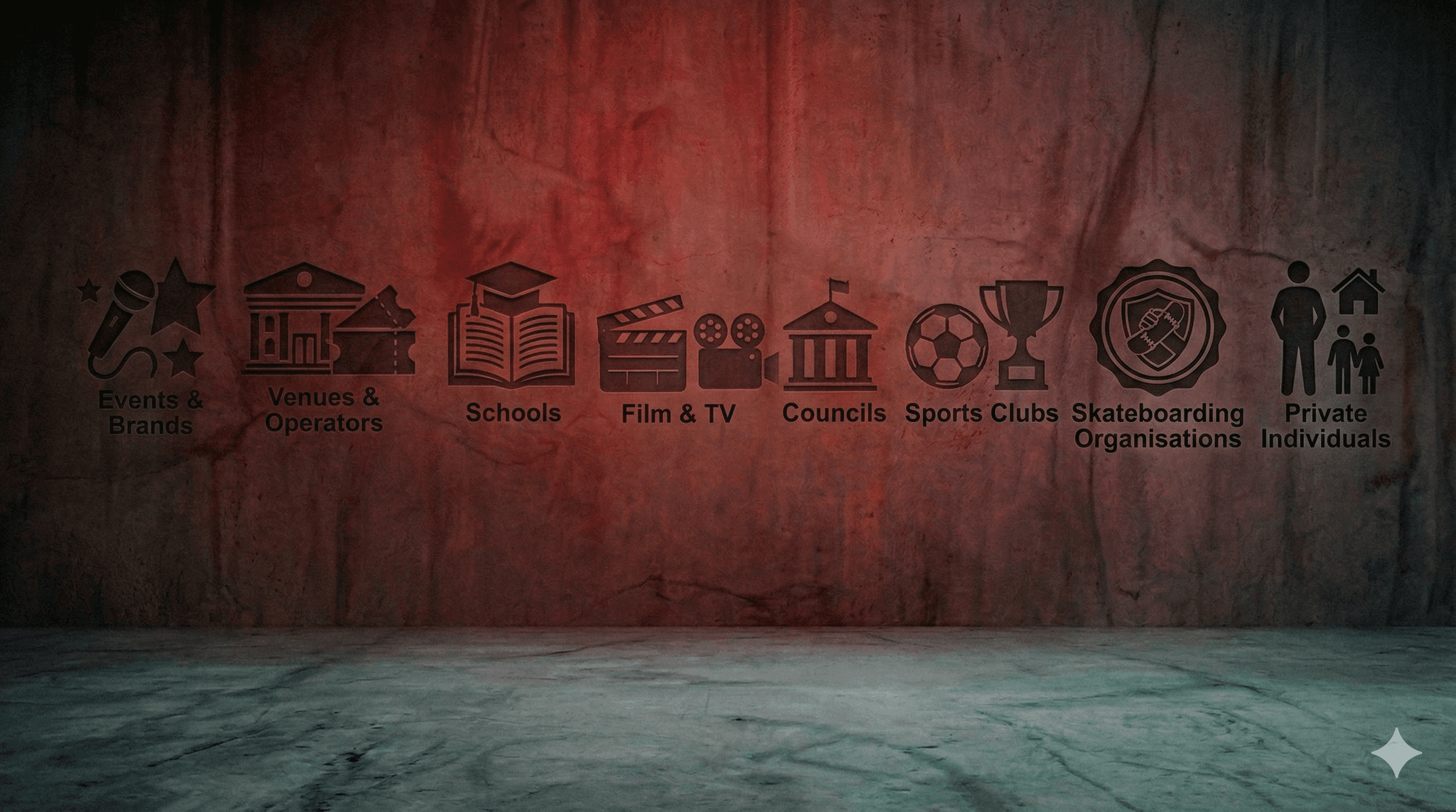 Icons representing events, schools, sports clubs, and private individuals on a textured background.