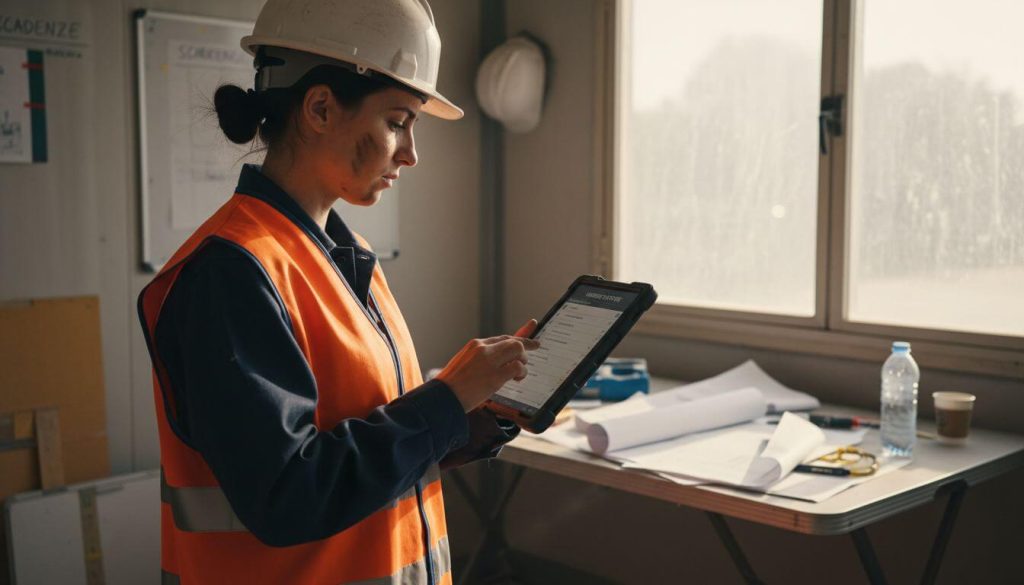 Revisore dei lavori in cantiere mentre controlla i dati su un tablet con il software sicurezza sul lavoro