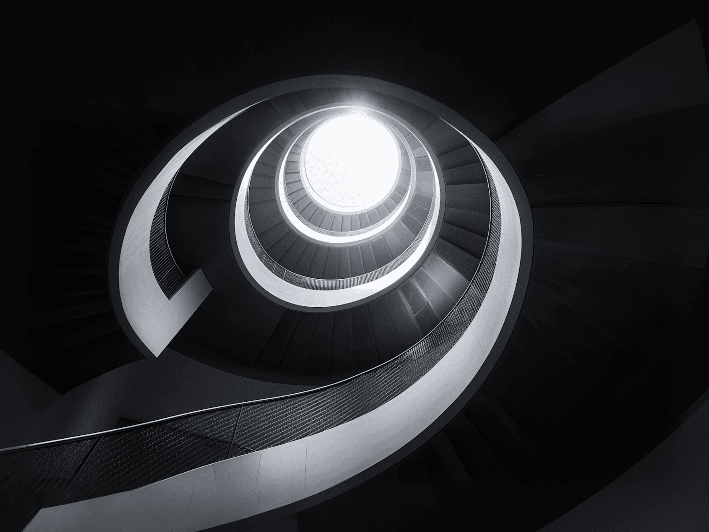 Spiral staircase with light at center on dark background — metaphor for reinforcing loop in product growth and user retention