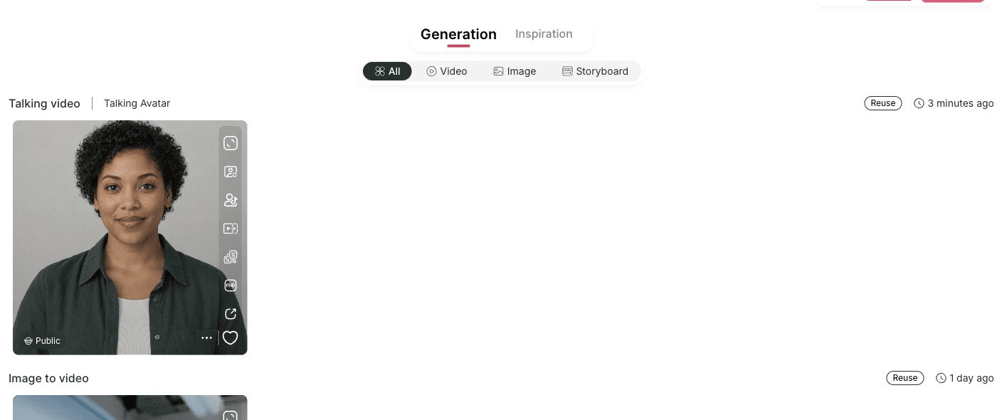 Completed public Talking Avatar card in the APOB generation feed.