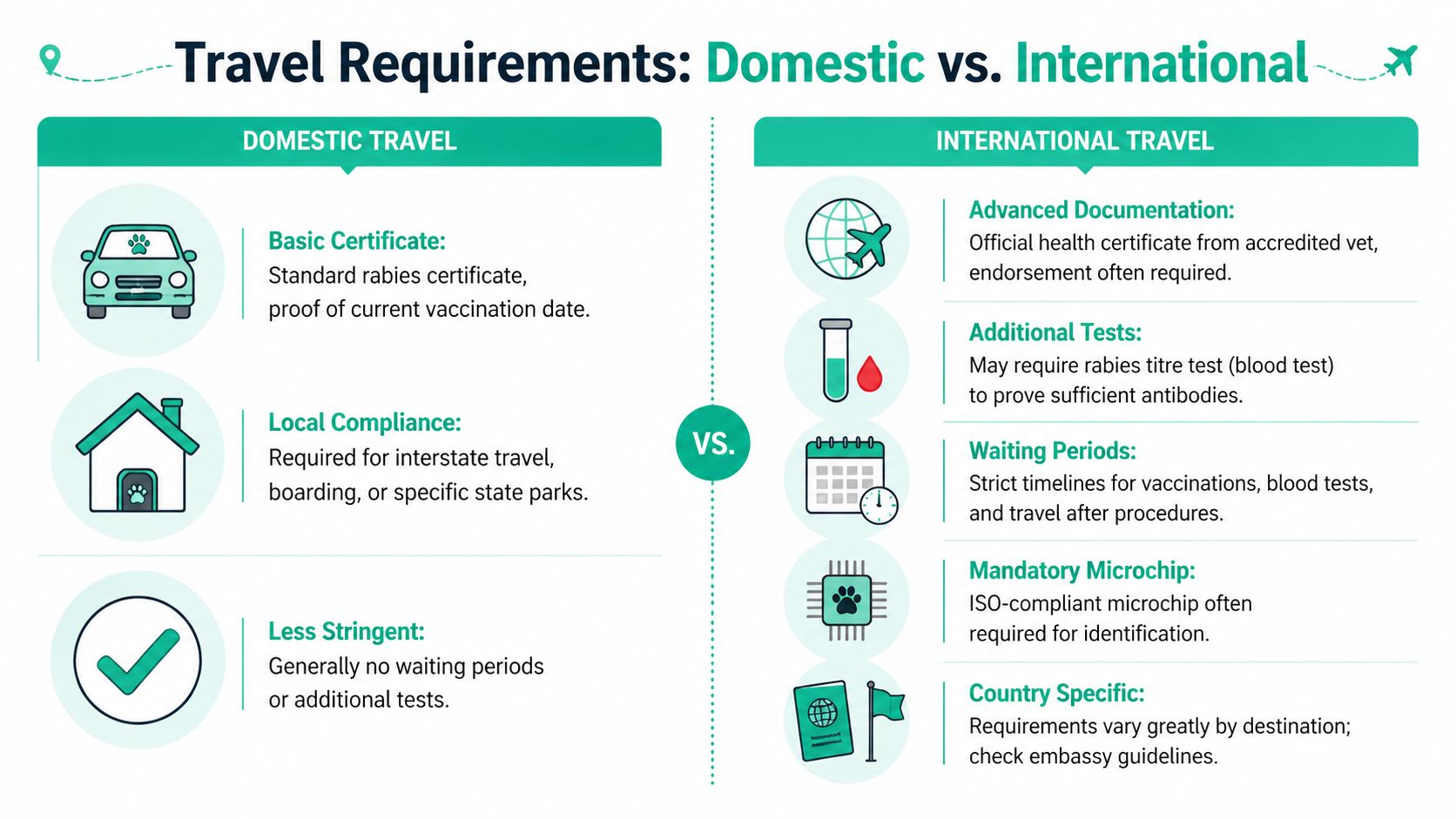 A comparison infographic outlining the travel requirements for pets traveling domestically versus traveling internationally.