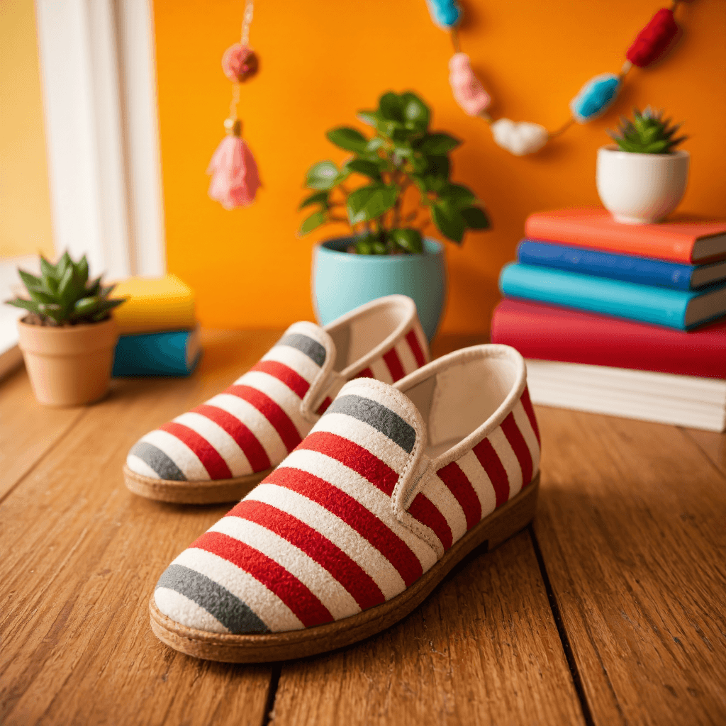 product photography of a pair of striped shoes