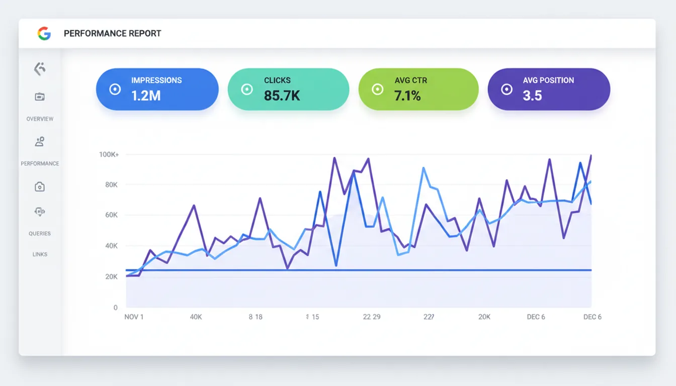 Modern SaaS dashboard UI of a Google Search Console performance report in a clean light mode. The layout features a prominent horizontal row of four colorful KPI metric cards—vibrant blue, teal, green, and dark indigo—each with abstracted labels and large placeholder data. Below is a detailed line graph showing multiple overlapping, jagged data lines in purple and blue over an x-axis with placeholder date markers.