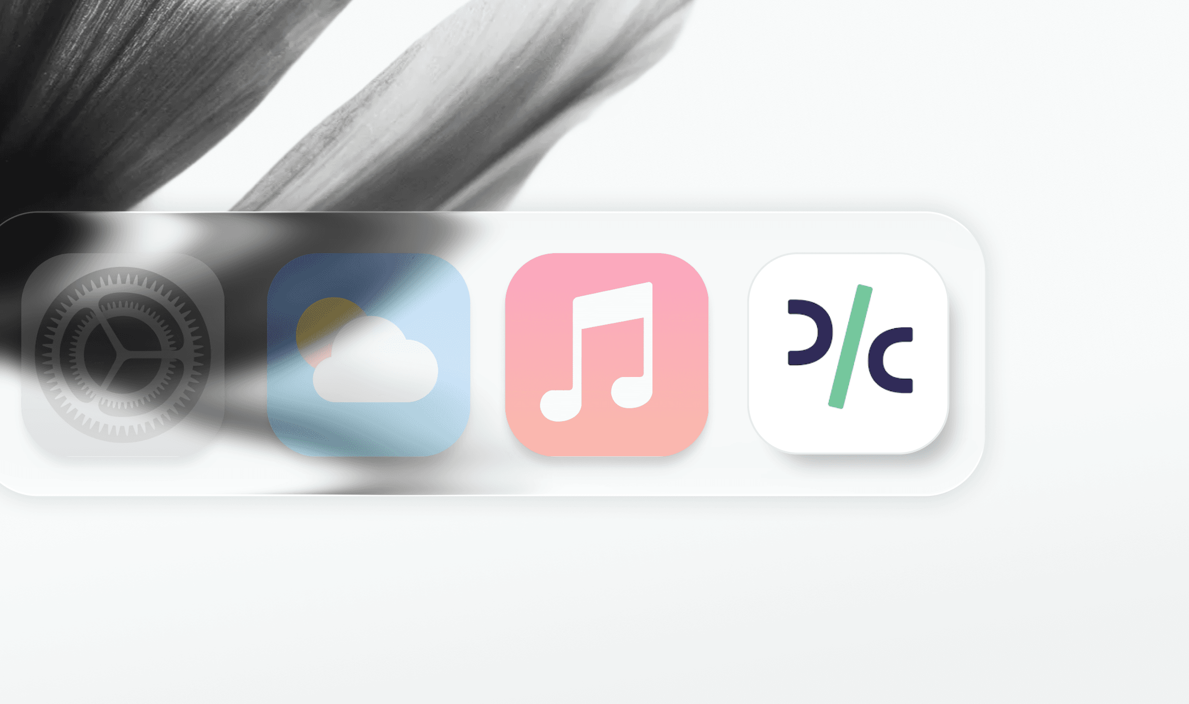 Minimal app dock UI showing weather, music, and drop capital finance app icons on a soft glass-like surface.