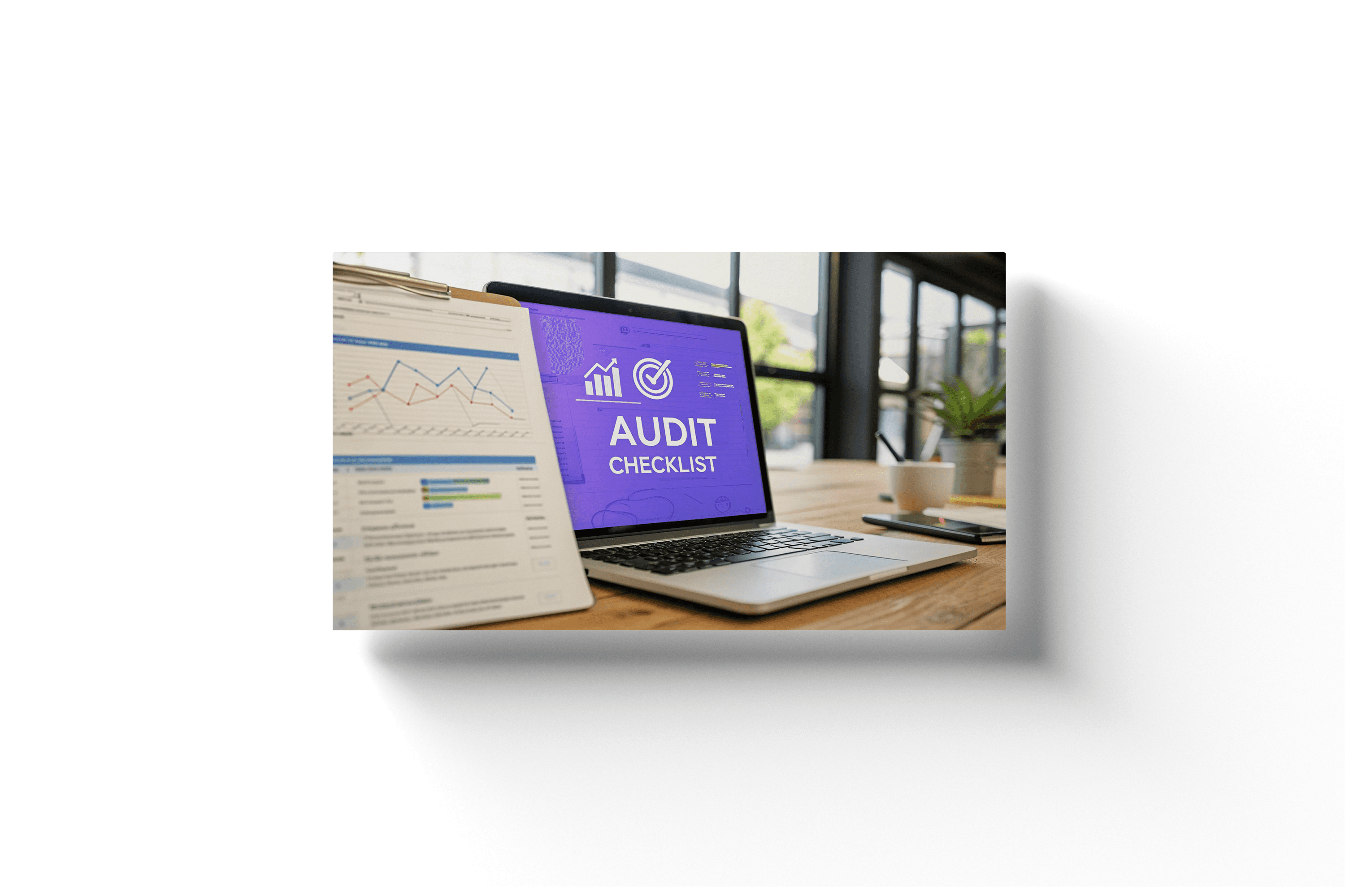 a desk with a laptop and paper report showing an audit checklist