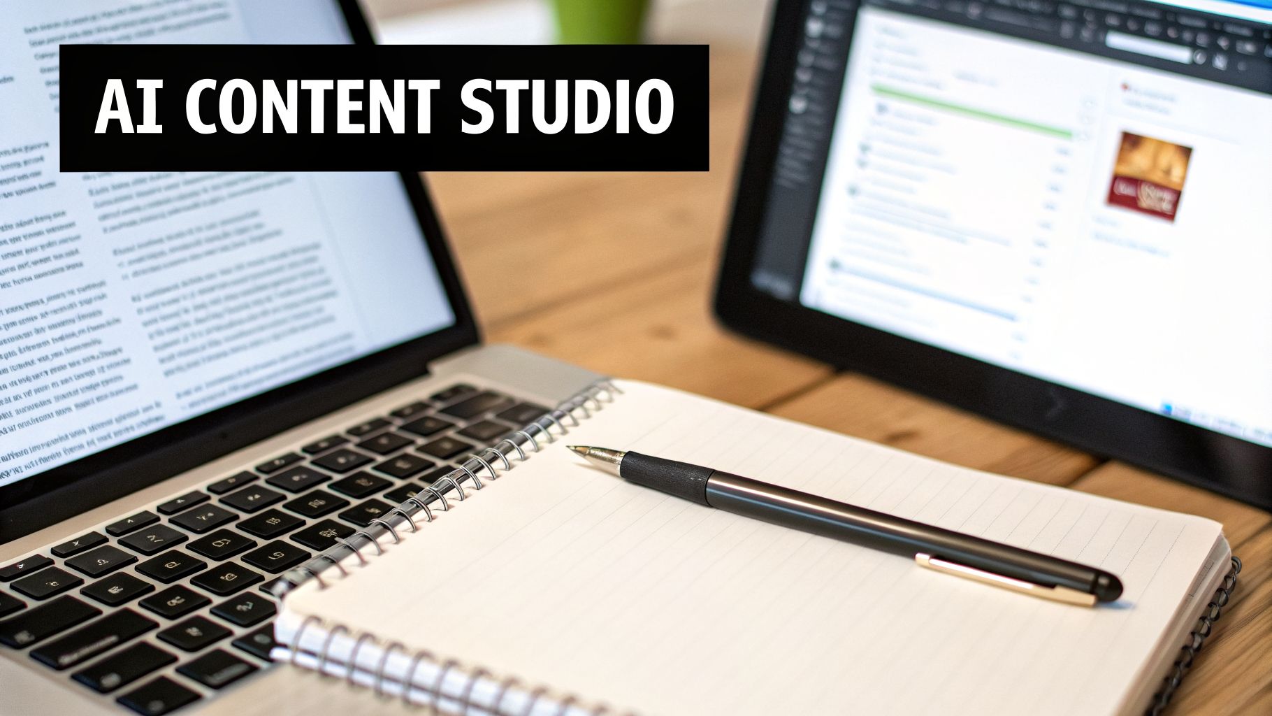 A workspace with a laptop, tablet, open notebook, and pen, featuring 'AI CONTENT STUDIO' text.