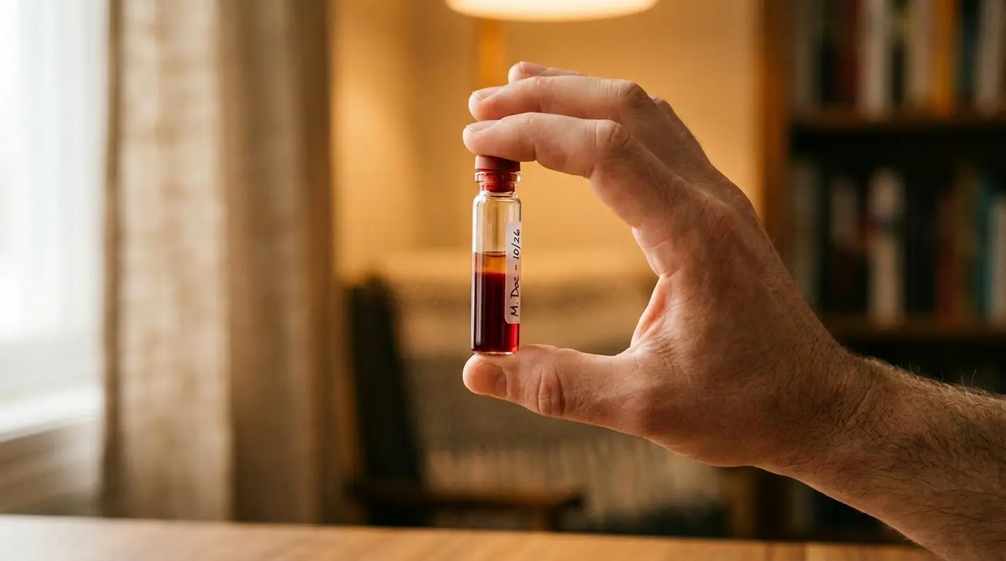Hand holding a small glass vial containing a blood sample