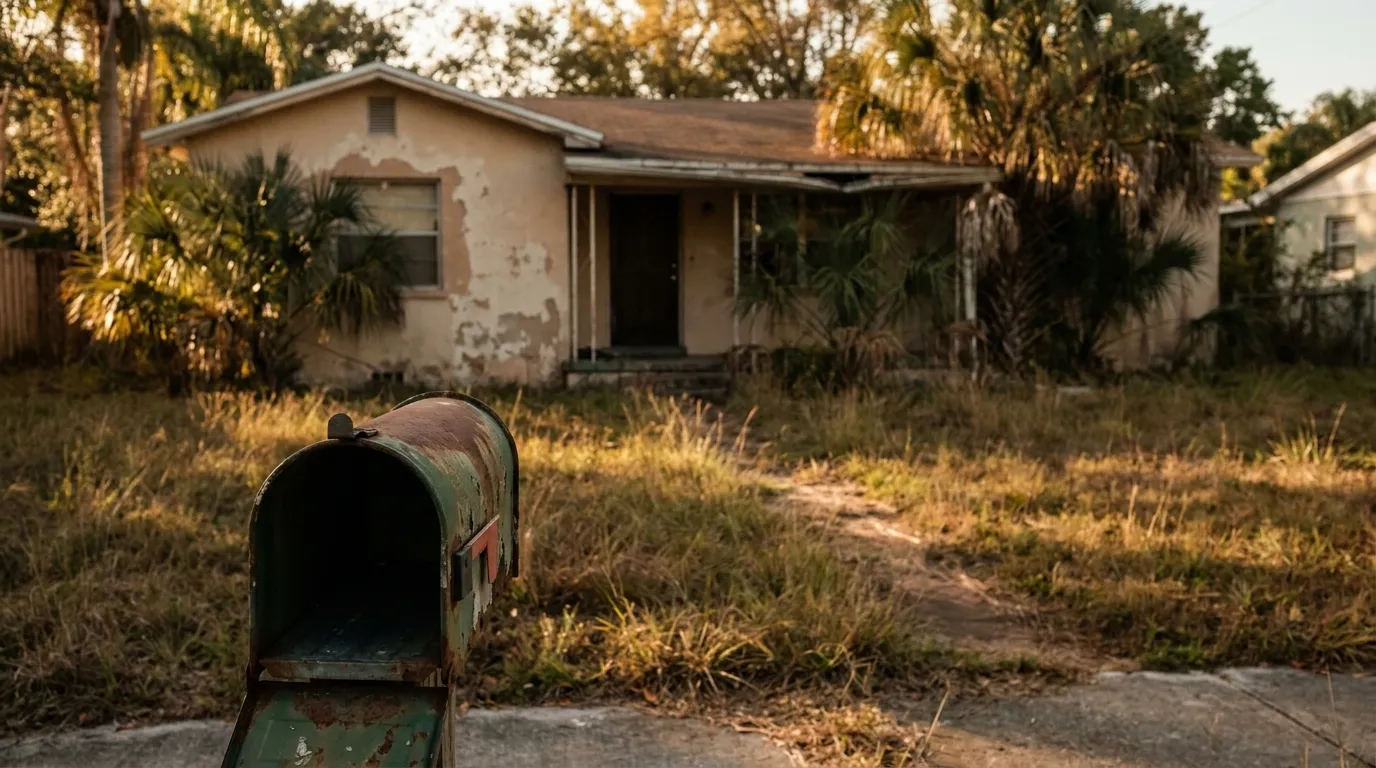 Open rusty mailbox outside an old house. RockN' Socials Digital Marketing Agency.