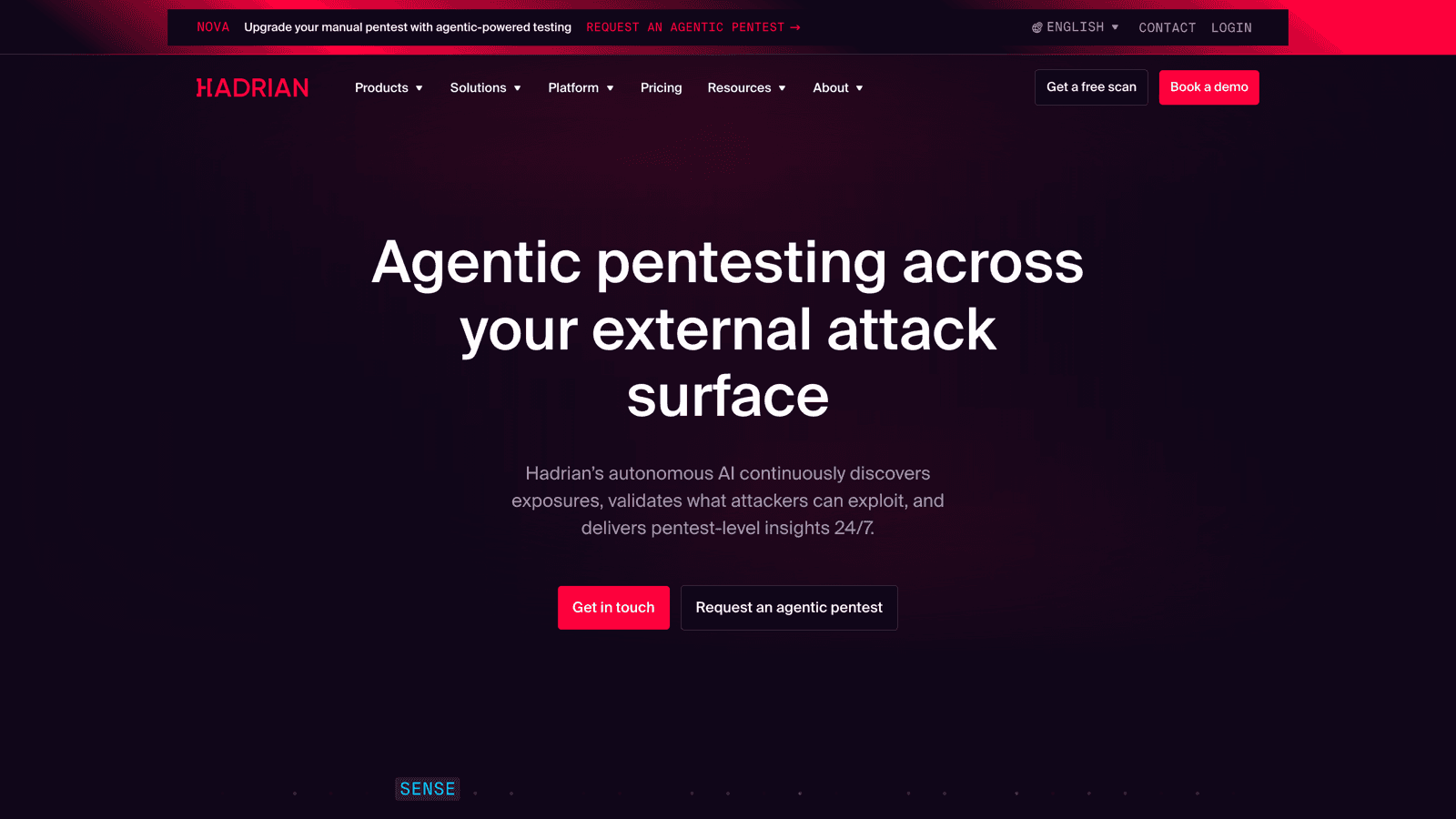 Hadrian homepage with the headline Agentic pentesting across your external attack surface