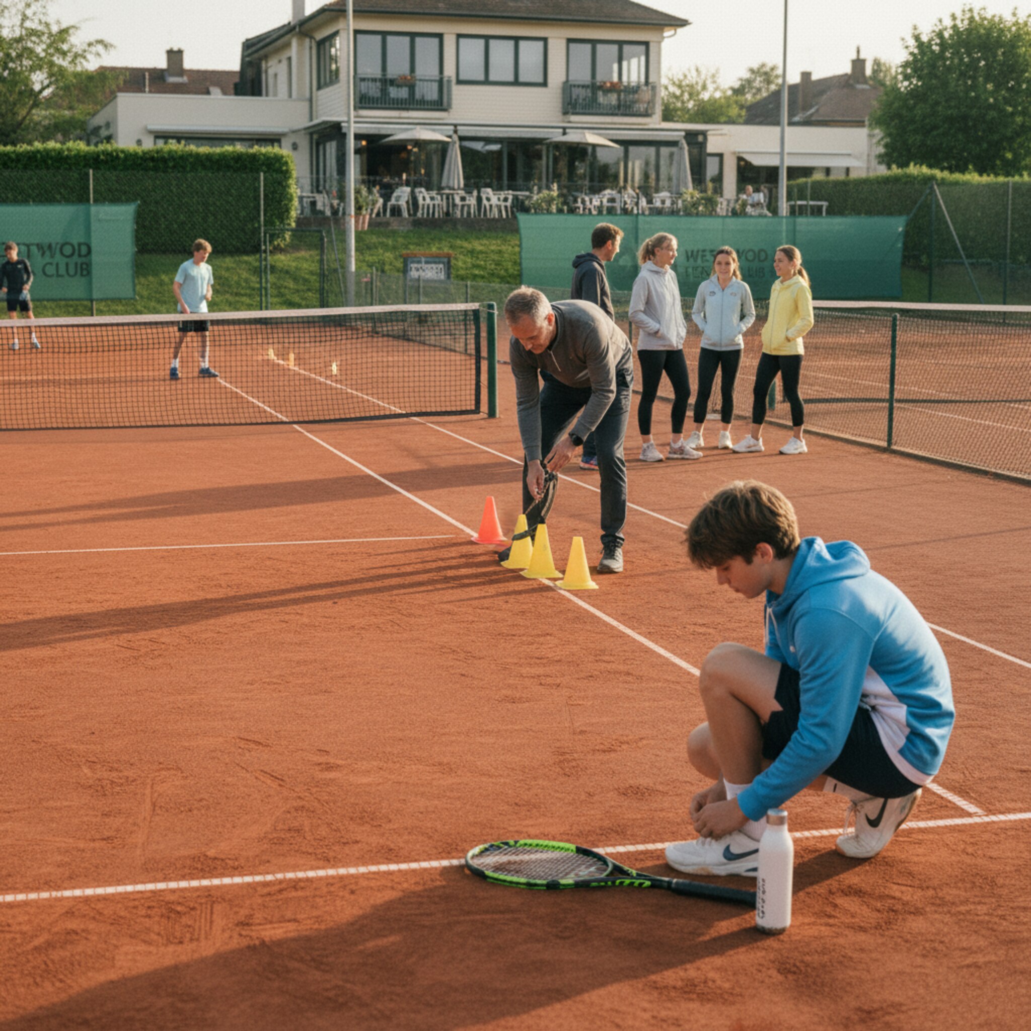 Am frühen Abend sammeln sich zwei Jugendmannschaften auf dem Tennisgelände. Warmes Licht liegt über den frisch abgezogenen Plätzen, ein Trainer richtet Hütchen aus. Ein Spieler bindet konzentriert seine Schuhe, neben ihm Schläger und Trinkflasche. Am Zaun unterhalten sich Eltern, das Clubhaus wartet auf die Runde danach.