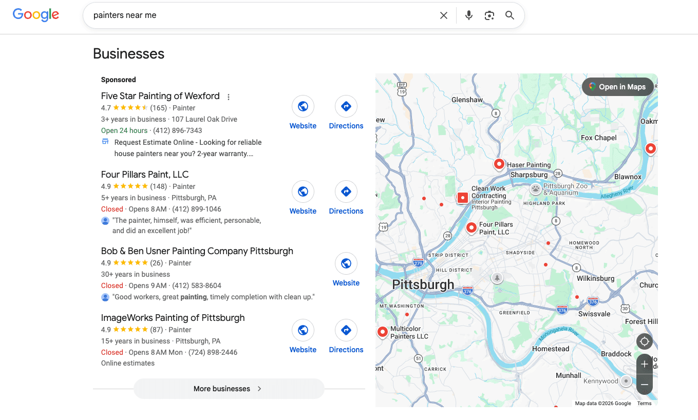 Google SERP for "painters near me"