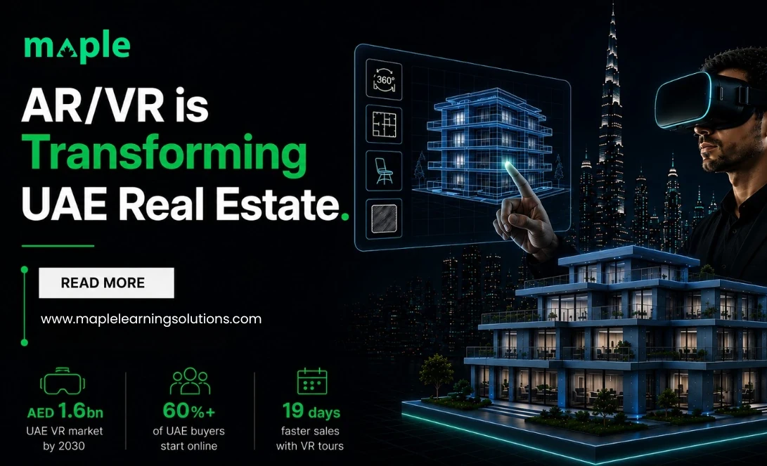 AR/VR headset user exploring a modern property in Dubai provided by Maple Learning Solutions..