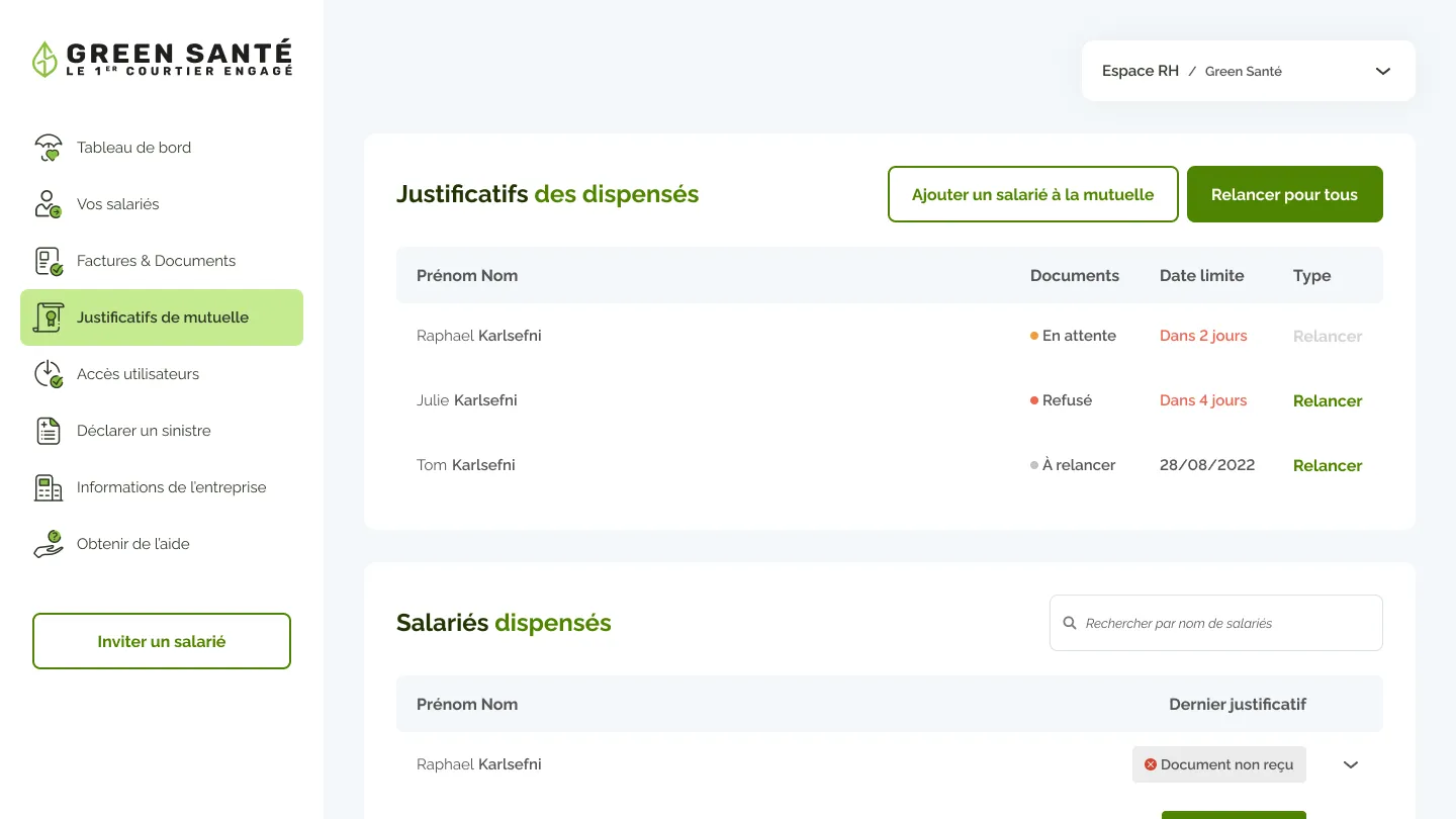 Page montrant les justificatifs et les dispensés dans l'espace RH