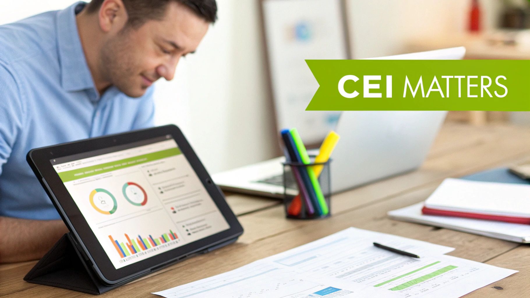 Business professional analyzing collection effectiveness index dashboard with colorful charts and metrics on tablet