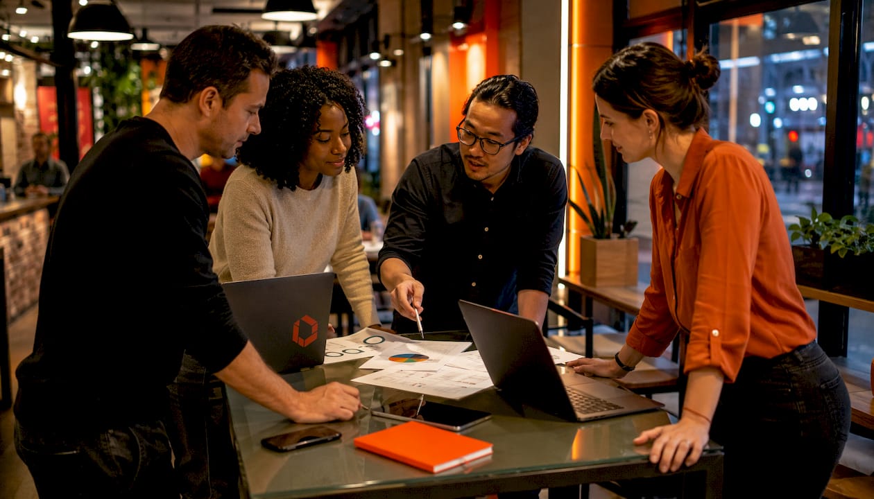 Team reviewing app security and scalability documents