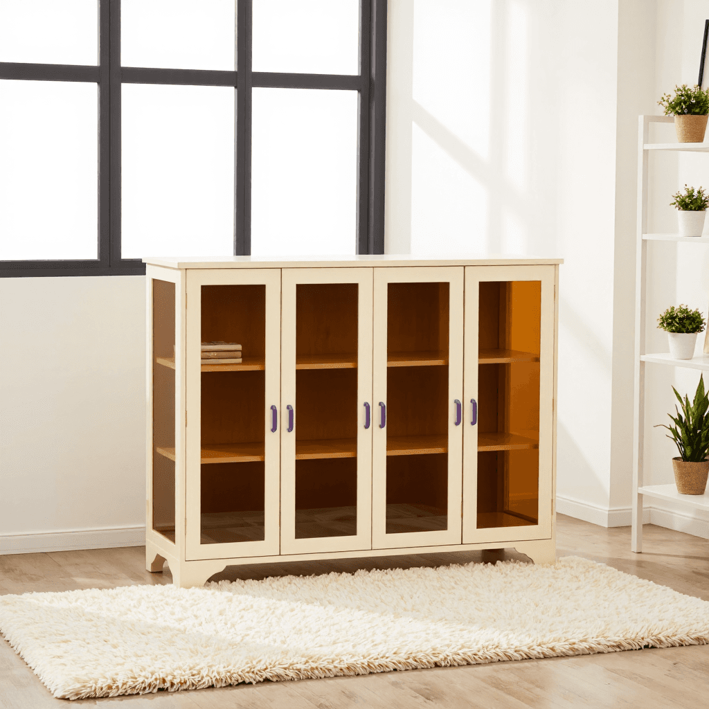 product photography of a stackable storage cabinet with transparent brown doors