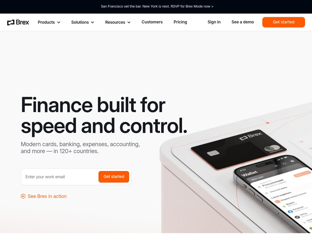 Brex card and mobile app showing wallet, procurement, and expense management features on a white device display