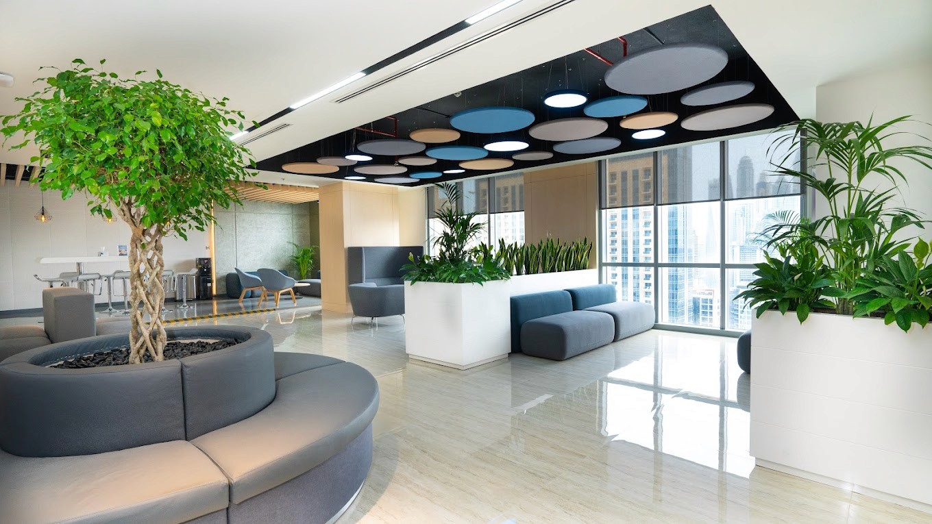 The business lounge at myOffice in Marina Plaza in Dubai offers a modern and comfortable space for meetings and office services.
