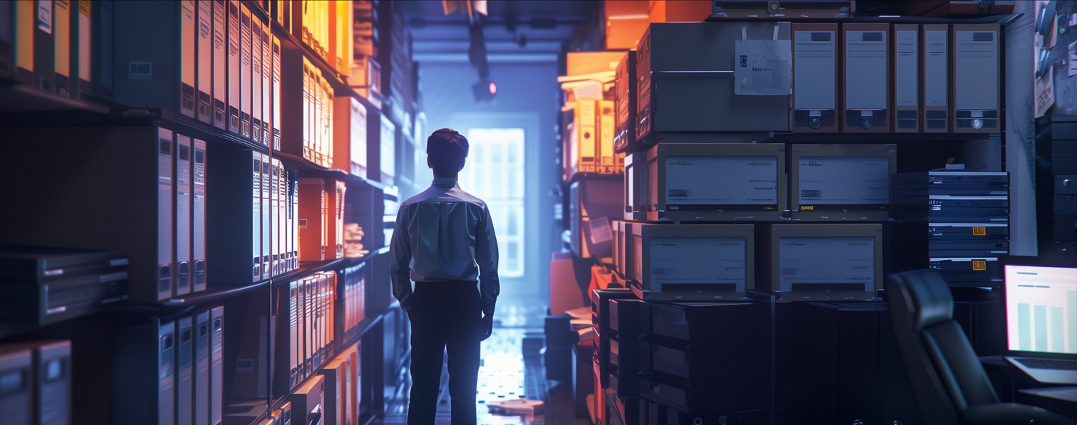 Man in a storage room full of boxes.