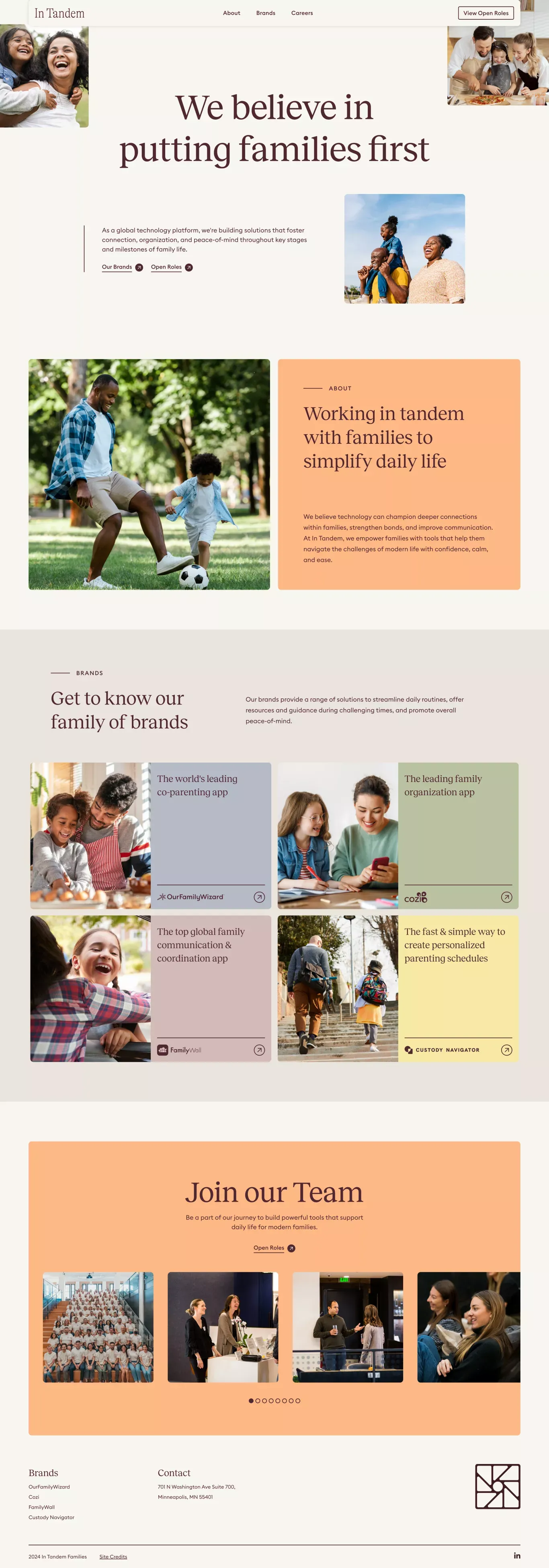 In Tandem Families landing page screenshot showcasing Kids and Tech design