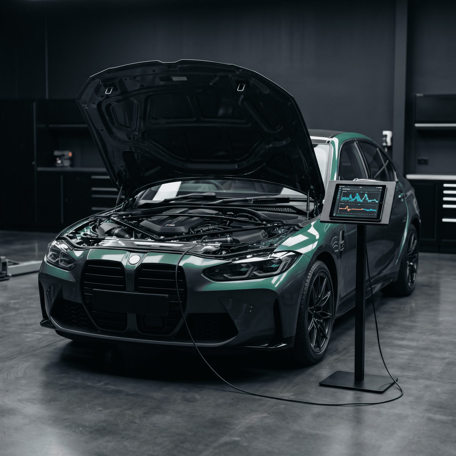 Car with the bonnet open next to a diagnostic scan tool