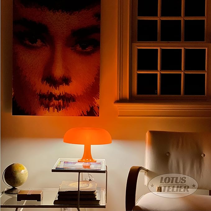 Orange mushroom lamp enhances the room with its unique design.