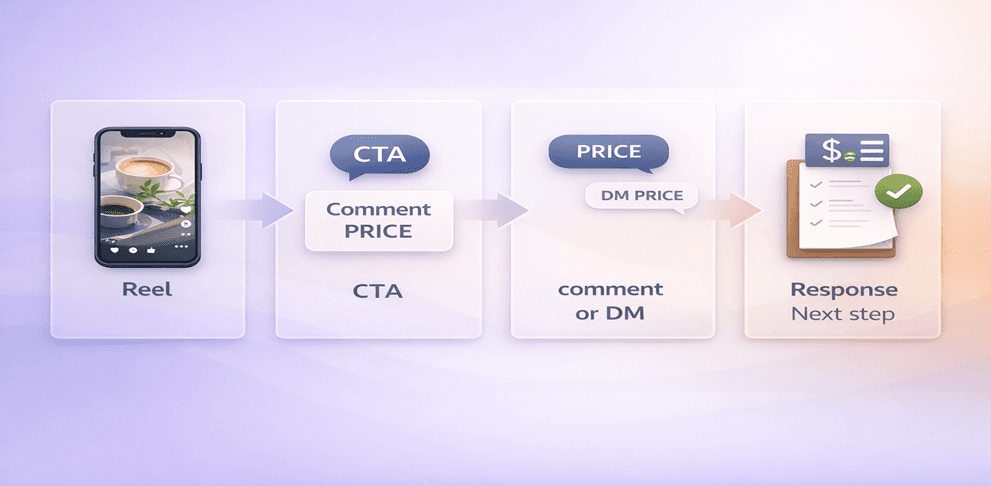 Workflow showing how Instagram Reels turn viewer interest into comments, direct messages, and lead actions