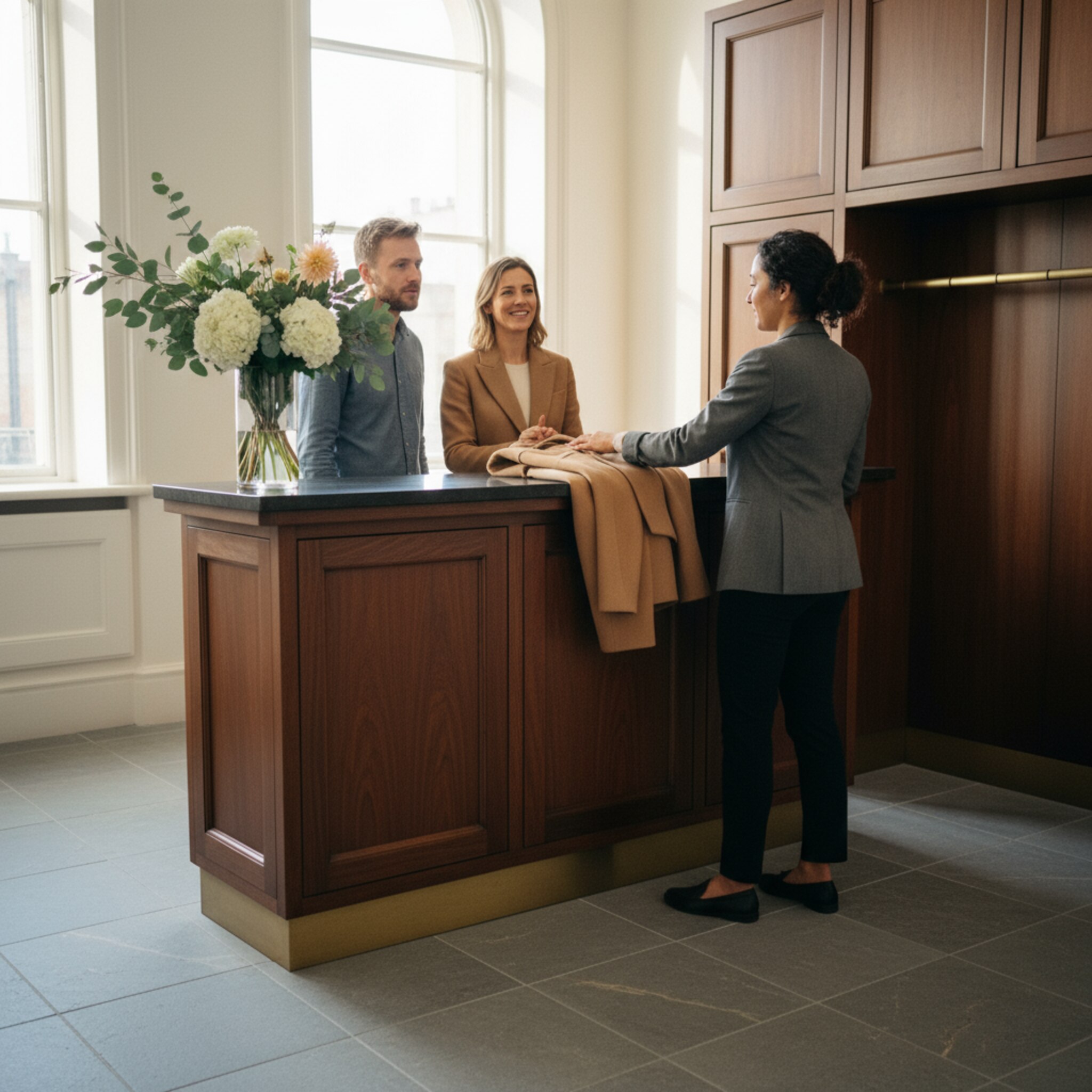 Ein Concierge begrüßt ein Mitglied mit dessen Gast an einer eleganten Theke. Jacken werden freundlich abgenommen, die Mimik ist gelassen und zugewandt. Hinter ihnen glänzt Holz, frische Blumen stehen dezent. Die Szene vermittelt klare Abläufe und persönliche Betreuung.