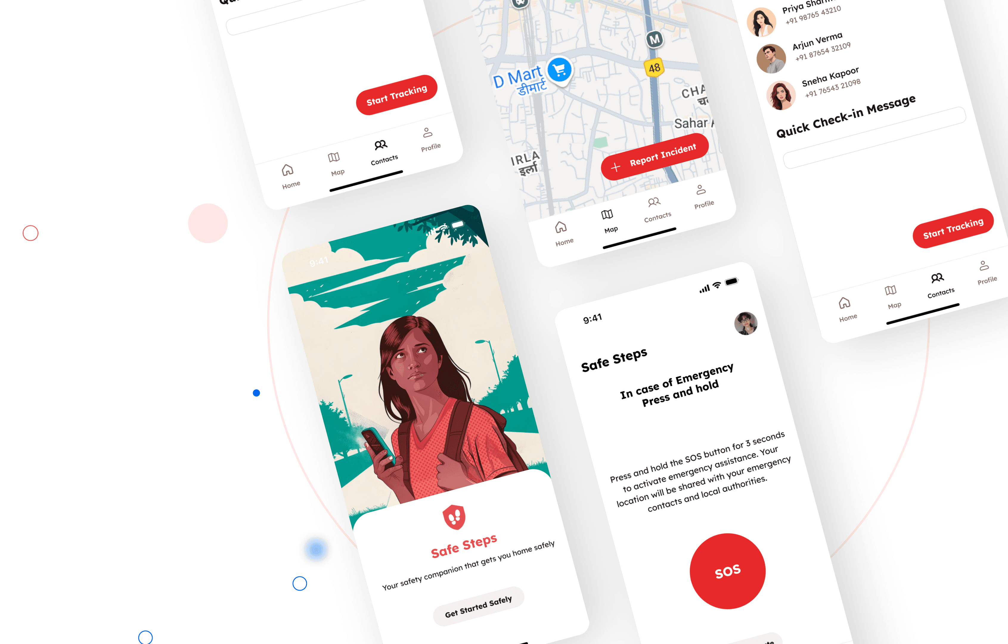 Primary screens of Safesteps app