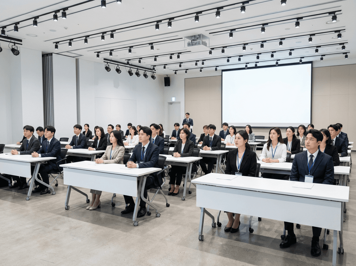 香港專業商務講座場地，專業人士參與中小型引流獲客活動，配置現代化投影及會議桌椅設施。
