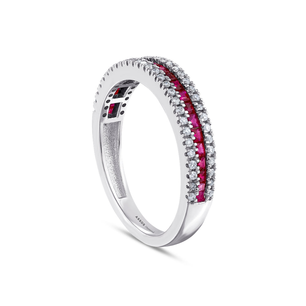 0.21 Karat Pırlanta ve Yakut Taşlı 14 Ayar Beyaz Altın Yüzük