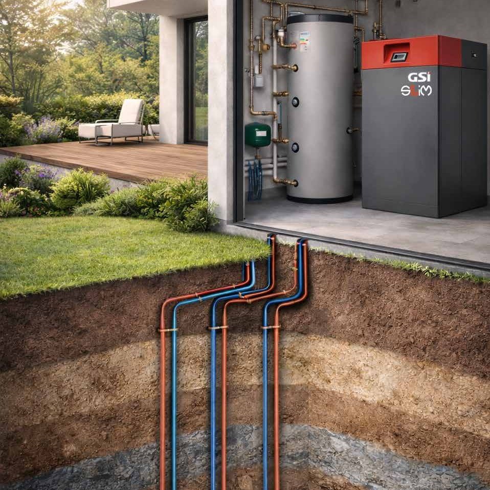 AQUA SLIM R454C ground source heat pump in a plant room with borehole loops