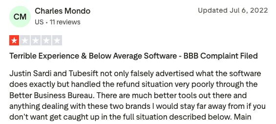 User having a terrible experience with Video Ad Vault Tubesift, saying it's a below average software, claiming Video Ad Vault Tubesift is using false advertising and handles refunds poorly