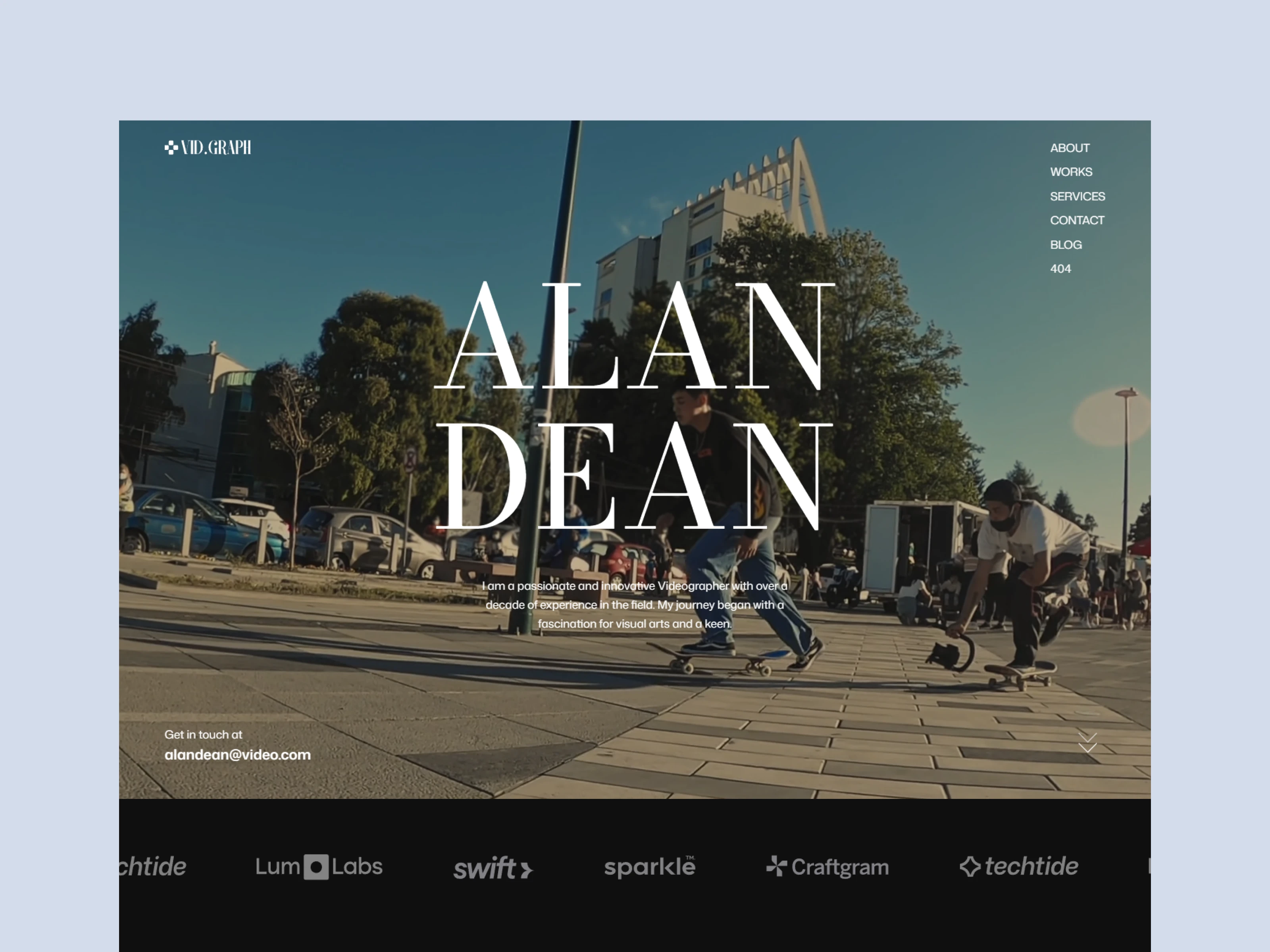 Videography portfolio website design featuring urban skateboarders.