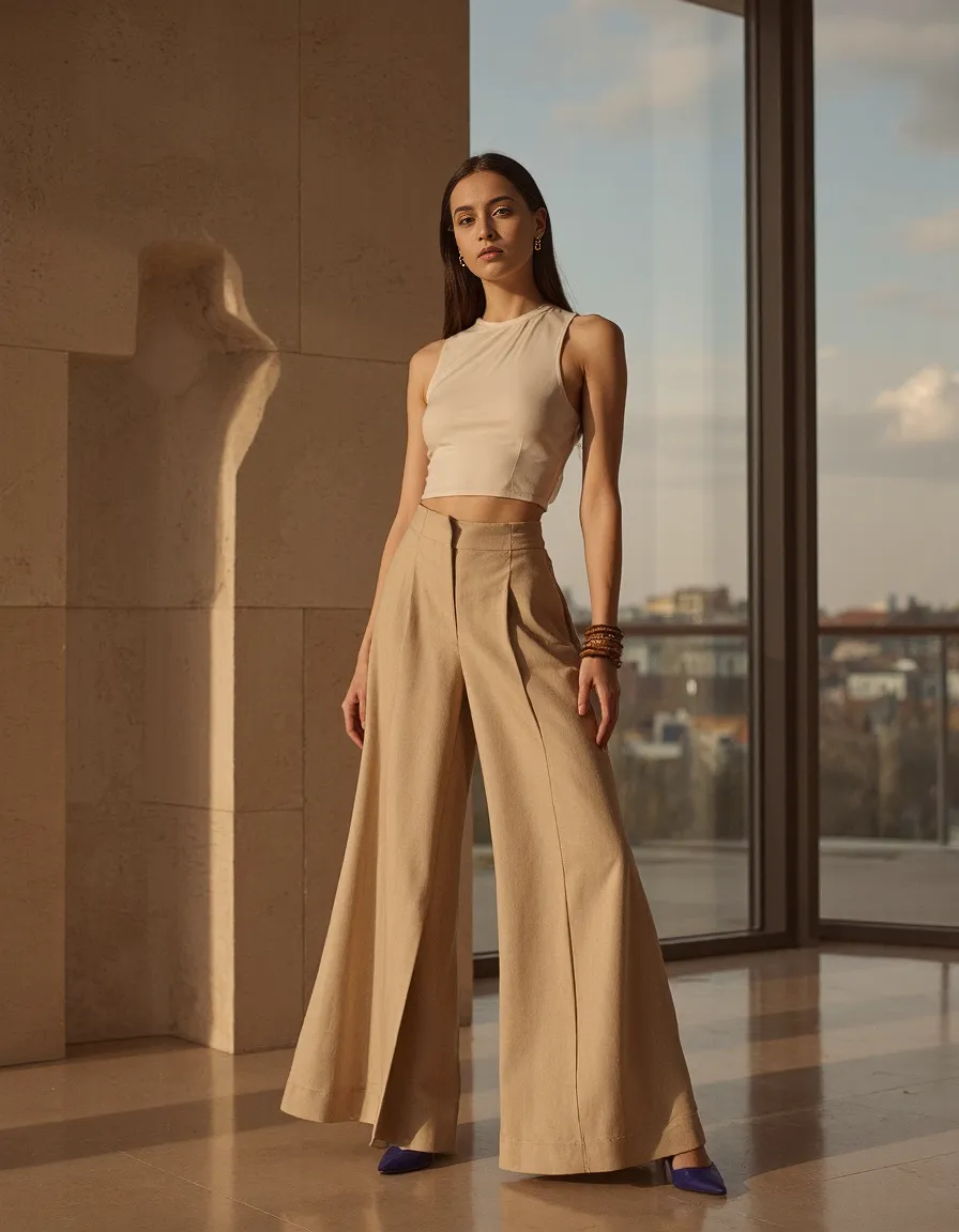 Fashion photography featuring minimalist beige outfit with wide-leg pants and crop top in modern architectural setting with city view