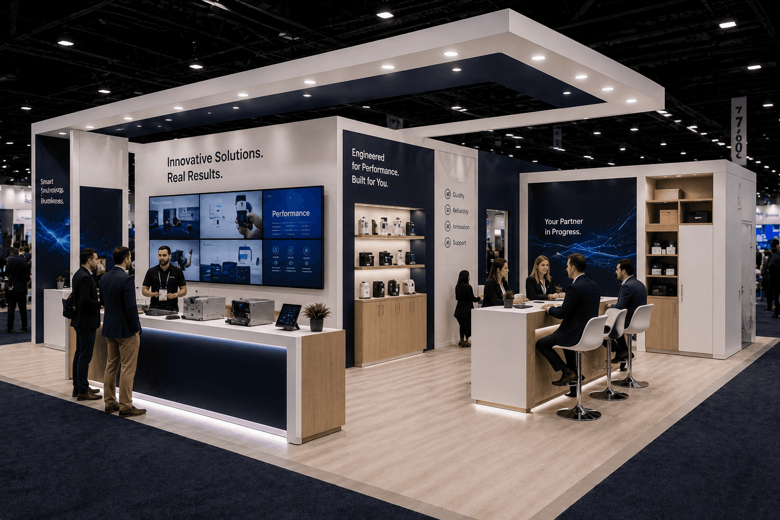 CES booth layout in Las Vegas with a semi-open meeting pod beside the demo zone, open traffic flow, and a technology presentation area