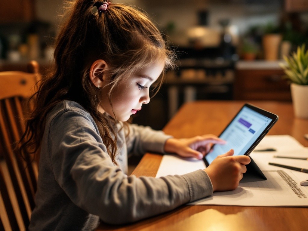A young girl uses a tablet.