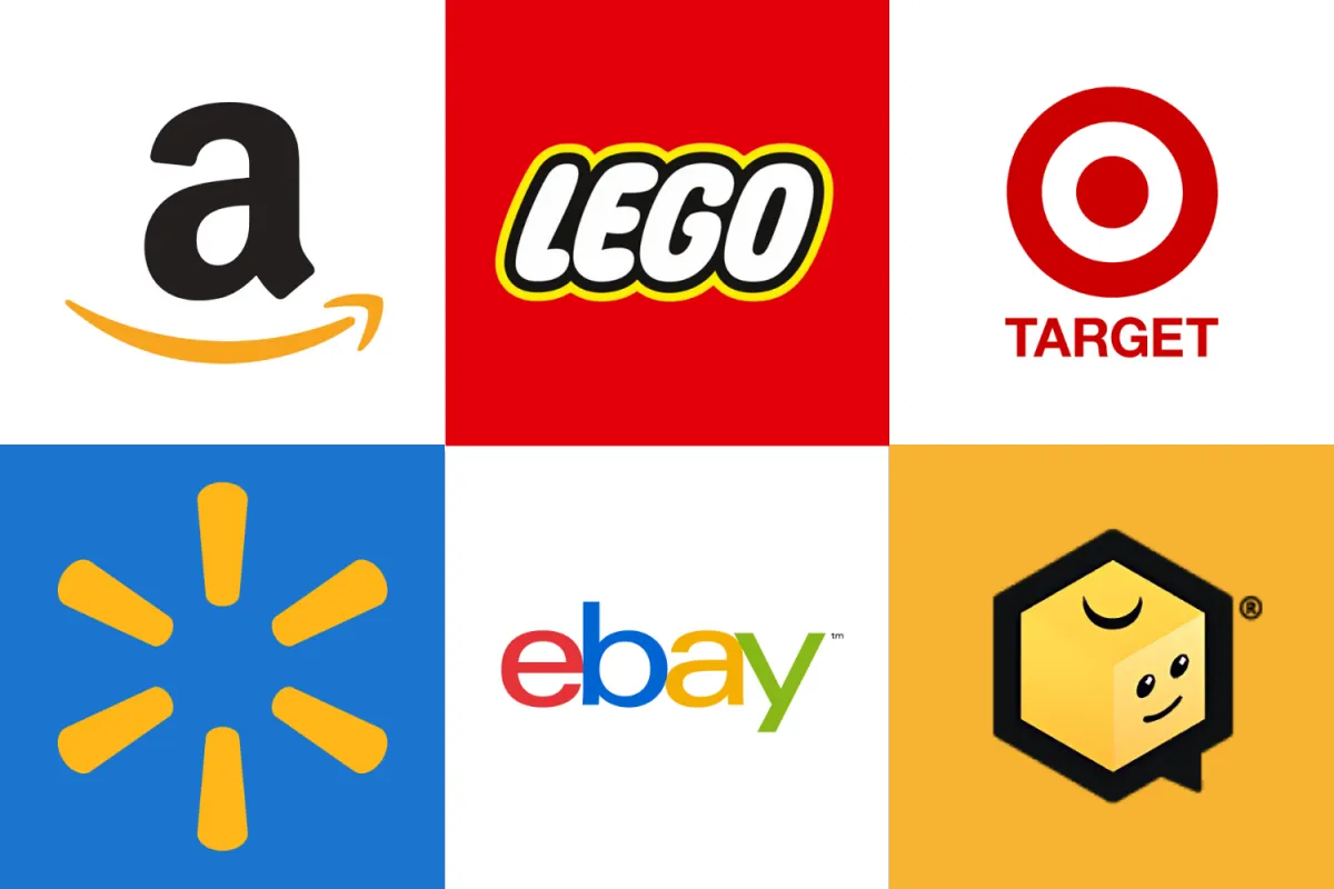 A collage of six logos representing popular retailers for buying LEGO Star Wars sets, including Amazon, LEGO, Target, Walmart, eBay, and BrickLink.