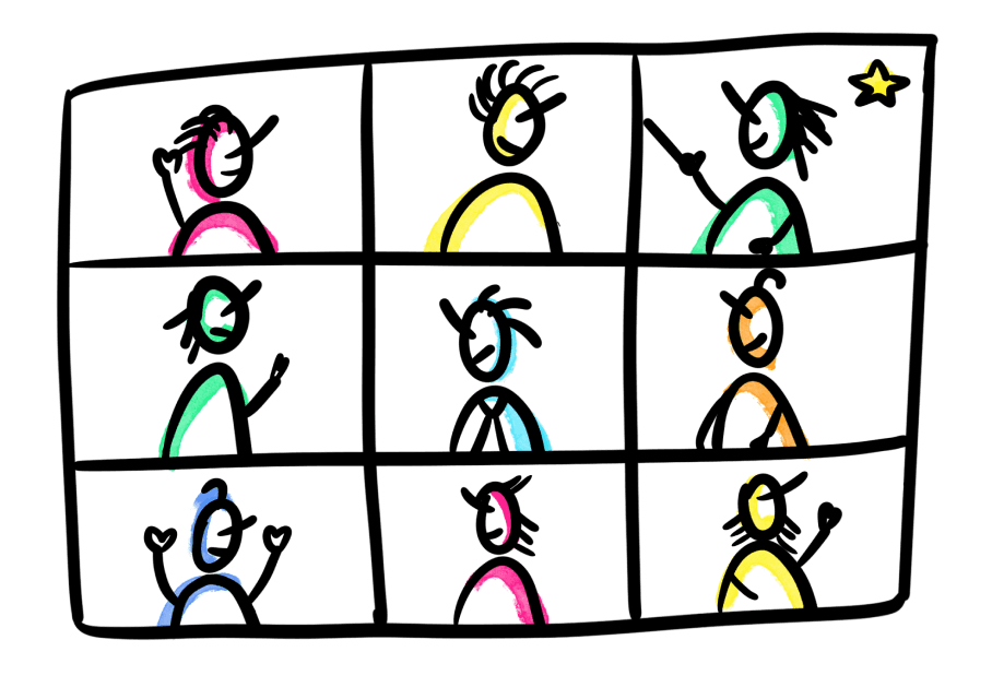Illustration of remote facilitation training with eight participants in a video call grid