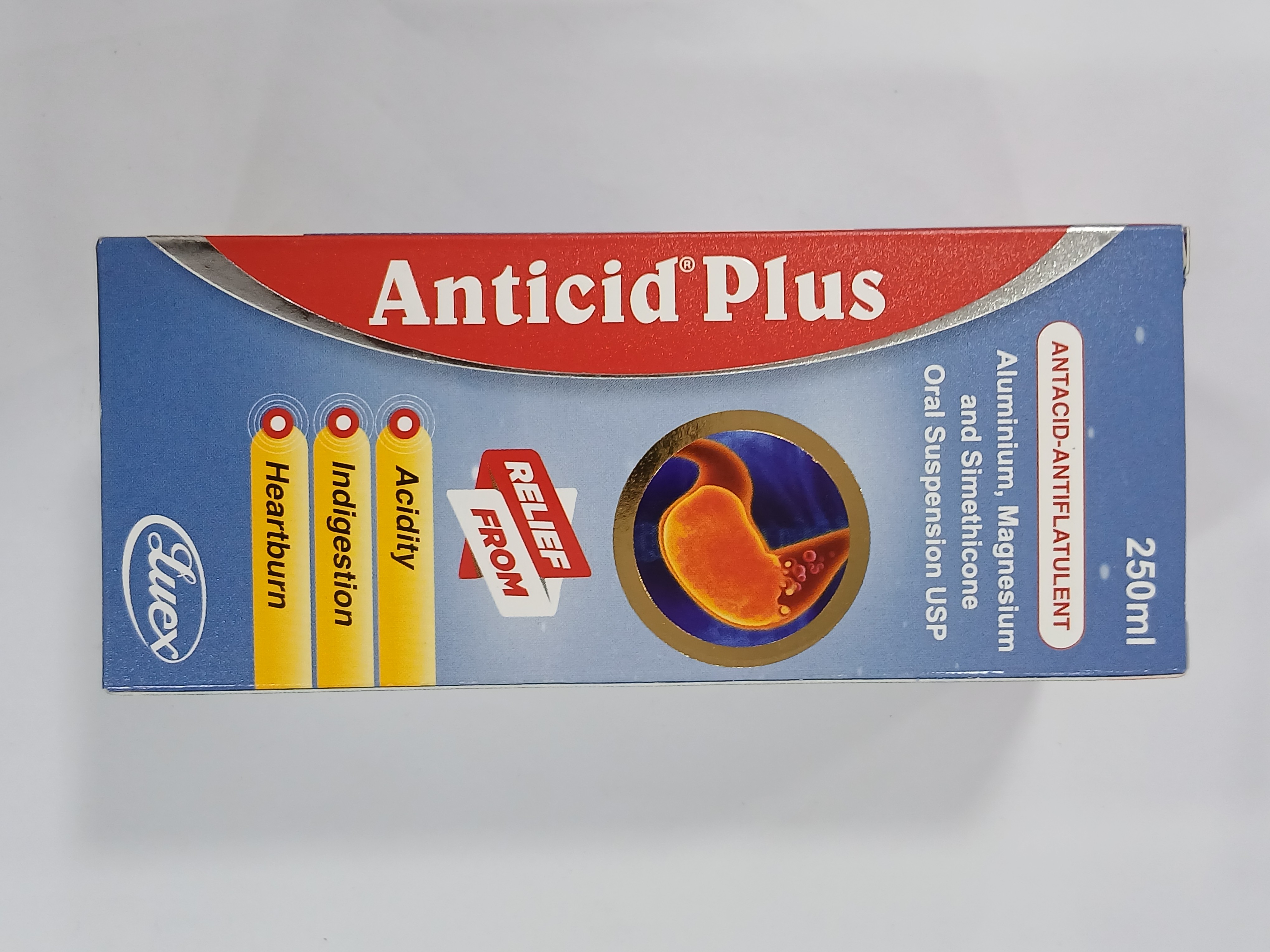 Antacid Plus 250ml Antacid-Antiflatulent Oral Suspension USP with Aluminium, Magnesium, and Simethicone, providing relief from Acidity, Indigestion, and Heartburn, in a blue and red cardboard box by Luex.
