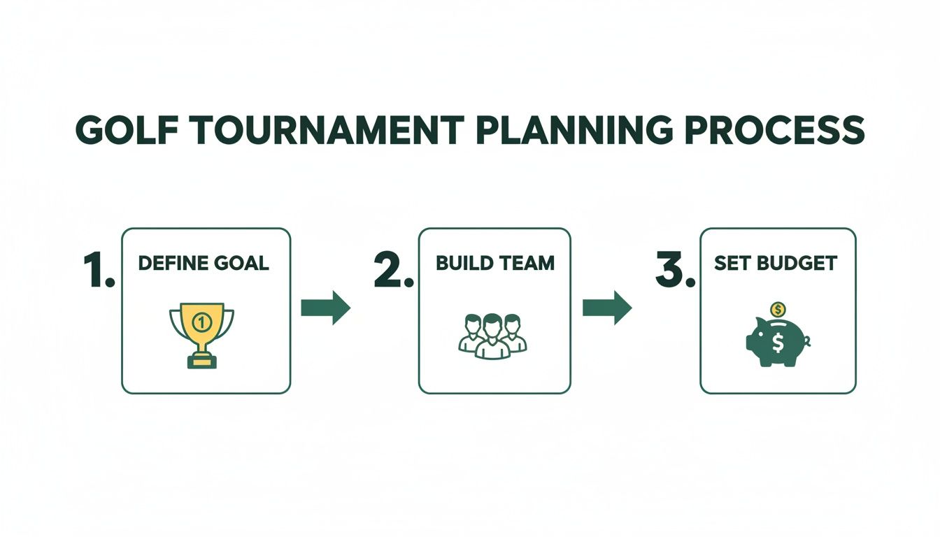An infographic detailing the golf tournament planning process with steps: Define Goal, Build Team, and Set Budget.